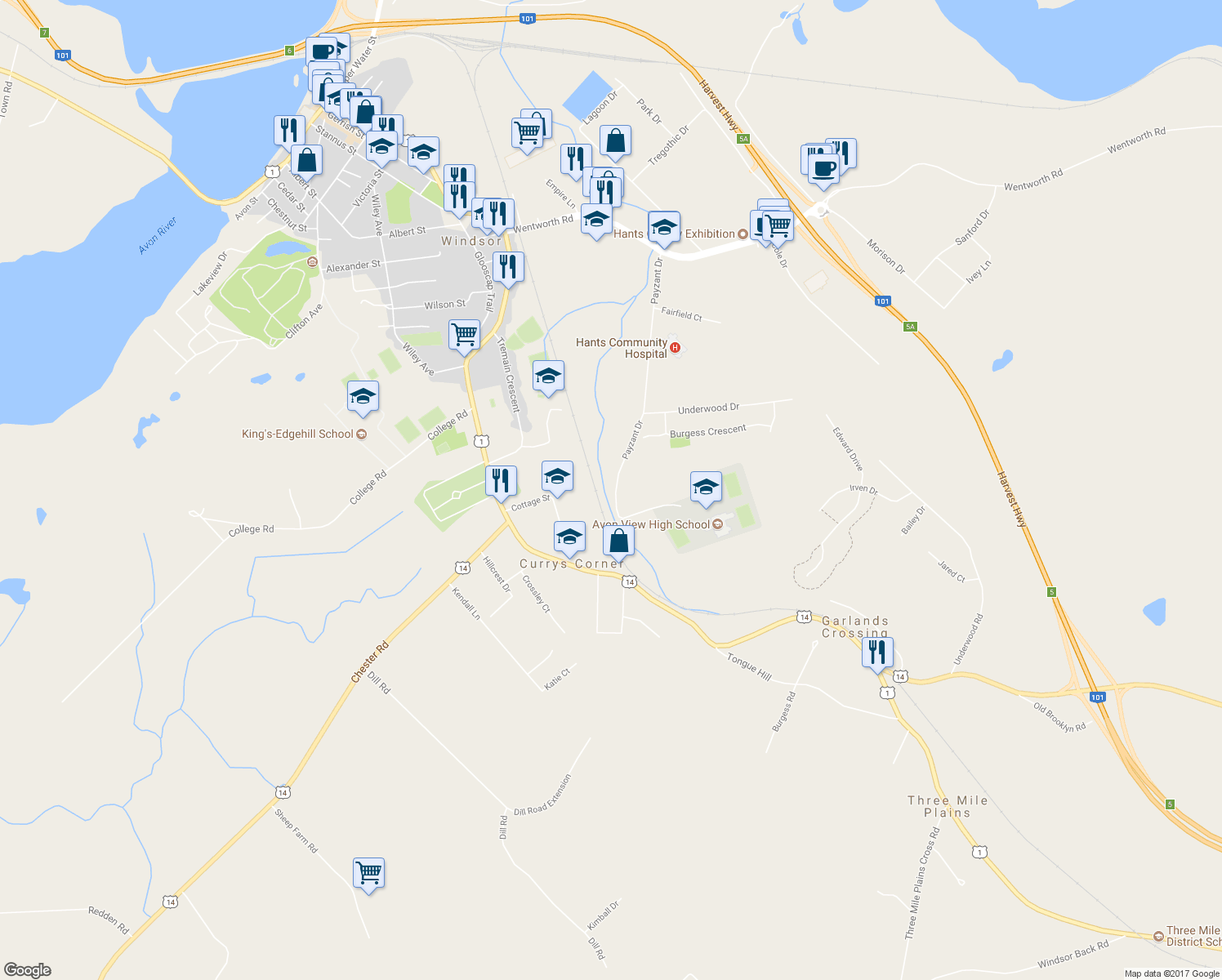 map of restaurants, bars, coffee shops, grocery stores, and more near 204 Payzant Drive in Windsor