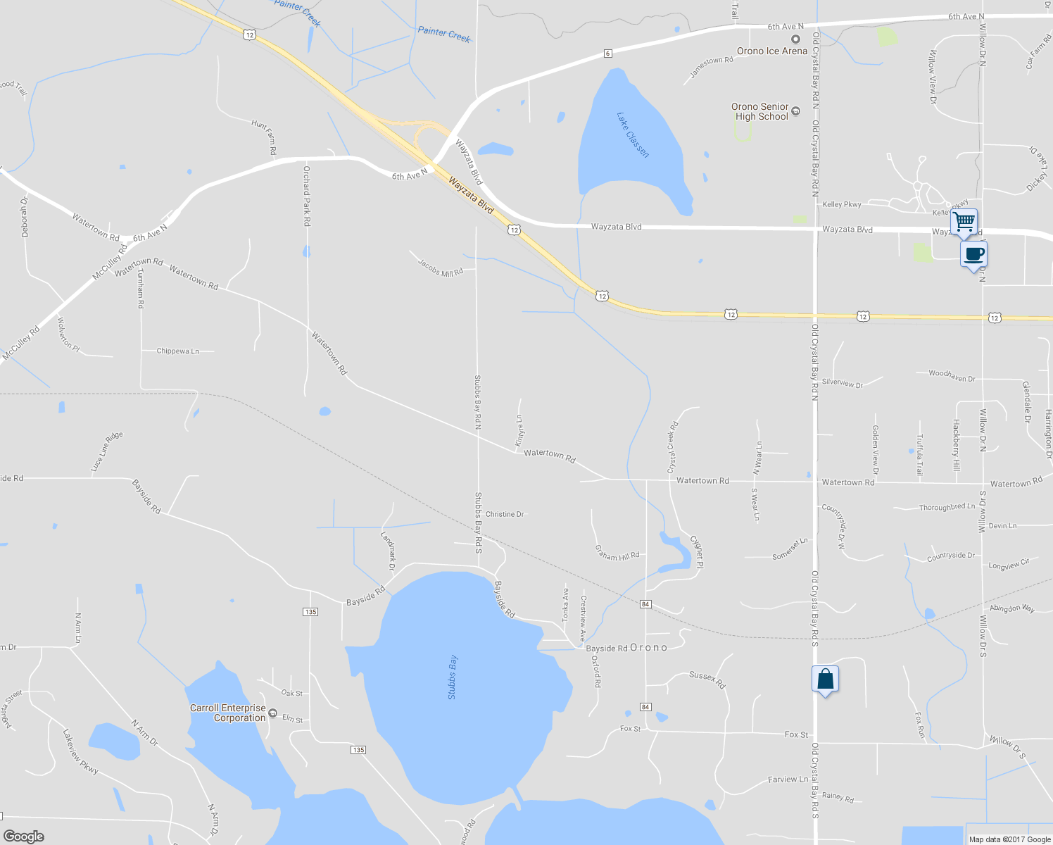 map of restaurants, bars, coffee shops, grocery stores, and more near 100 Kintyre Lane in Long Lake