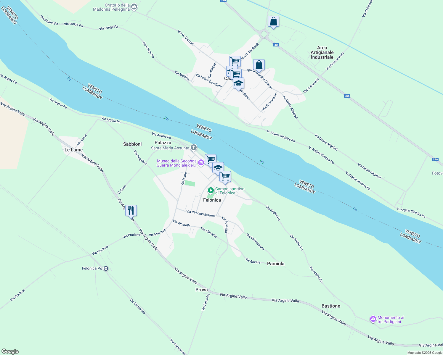 map of restaurants, bars, coffee shops, grocery stores, and more near 78 Via Giuseppe Garibaldi in Felonica