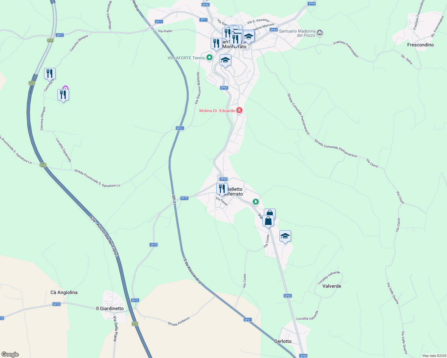 map of restaurants, bars, coffee shops, grocery stores, and more near 18 Viale Rimembranza in Castelletto Monferrato
