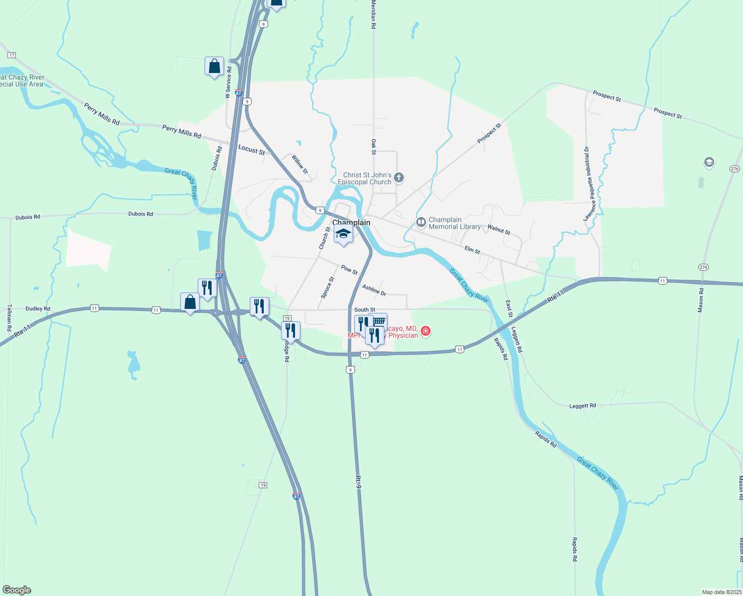 map of restaurants, bars, coffee shops, grocery stores, and more near 3 Patricia Ln in Champlain
