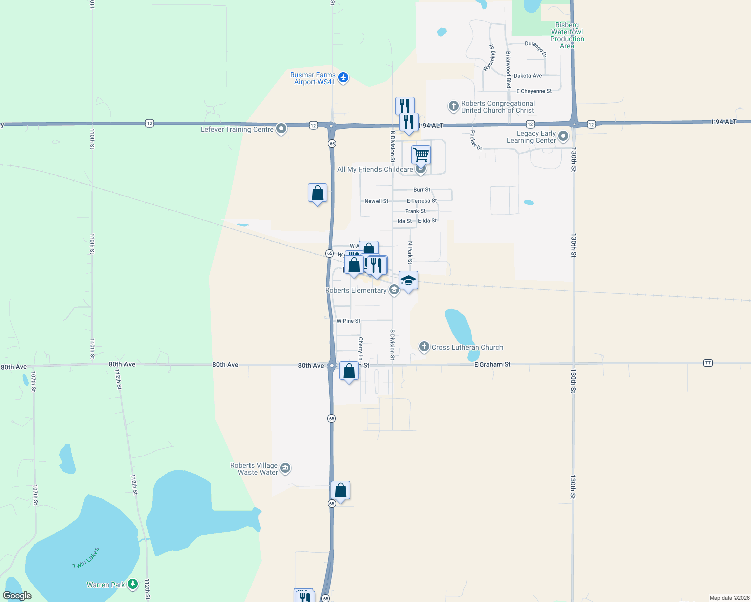 map of restaurants, bars, coffee shops, grocery stores, and more near 105 W Elm St in Roberts