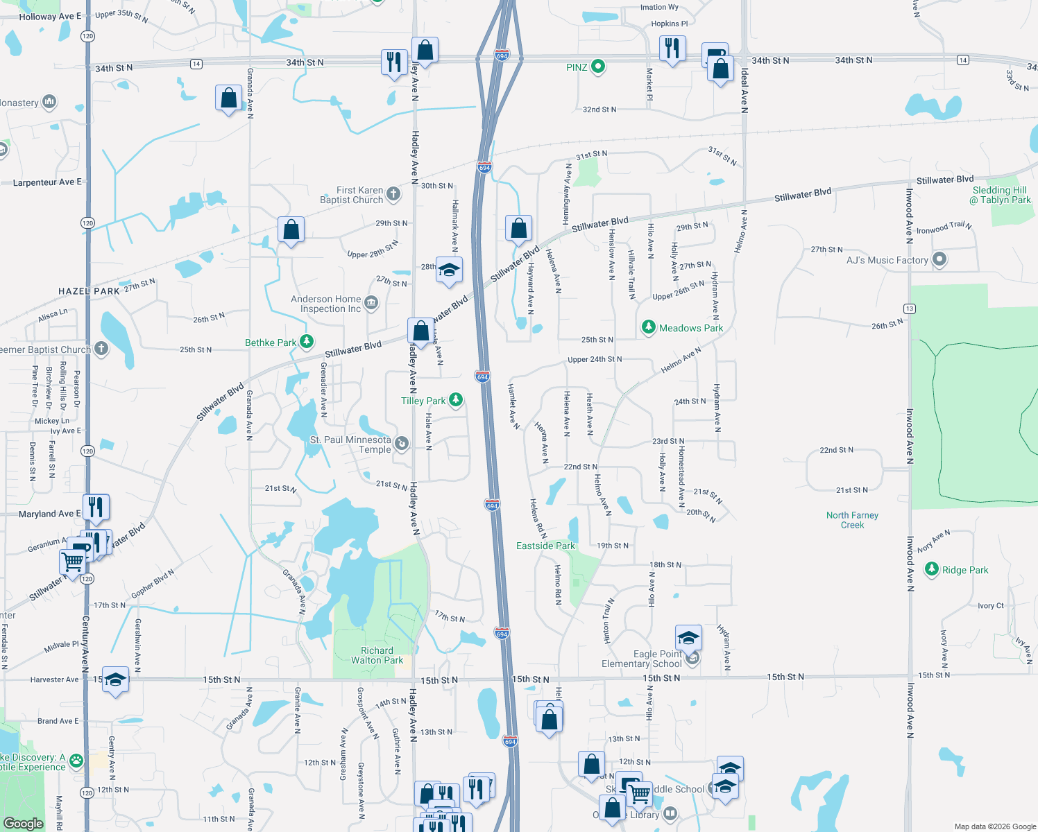 map of restaurants, bars, coffee shops, grocery stores, and more near 2353 Hamlet Avenue North in Saint Paul
