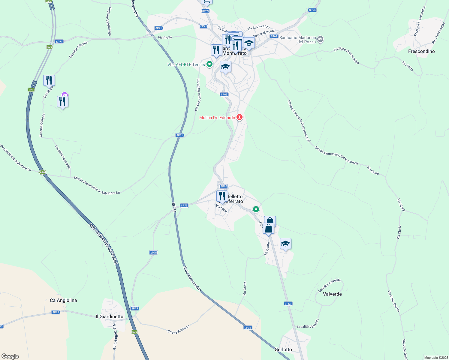 map of restaurants, bars, coffee shops, grocery stores, and more near 18 Viale Rimembranza in Castelletto Monferrato