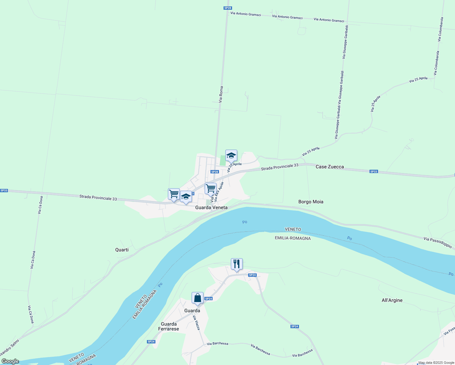 map of restaurants, bars, coffee shops, grocery stores, and more near 70 Via Marco Polo in Guarda Veneta