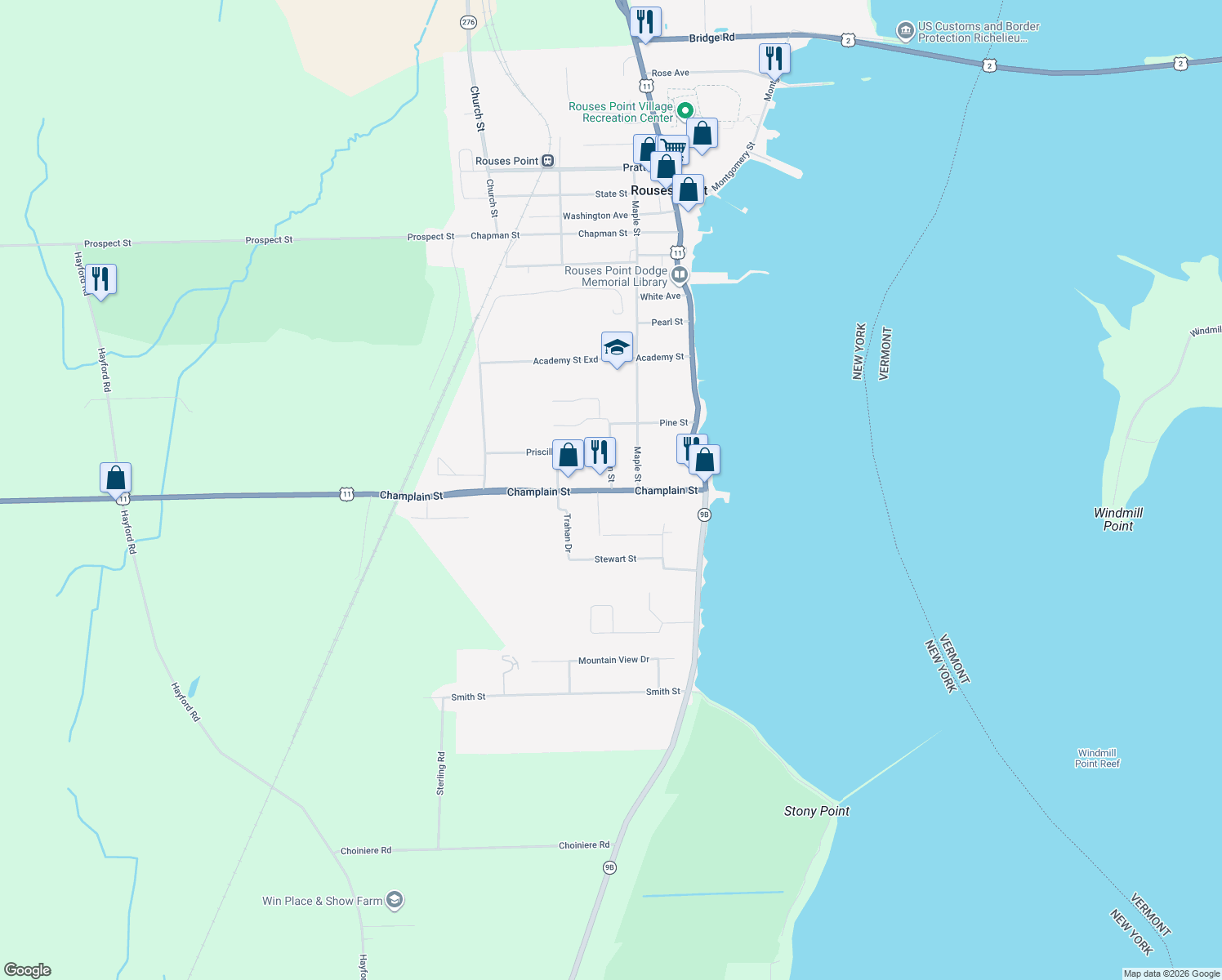 map of restaurants, bars, coffee shops, grocery stores, and more near 16 Elm St in Rouses Point