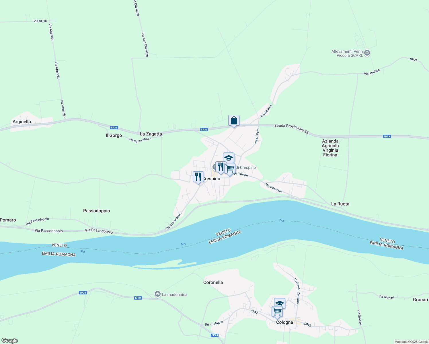 map of restaurants, bars, coffee shops, grocery stores, and more near 26 Piazza Fetonte in Crespino