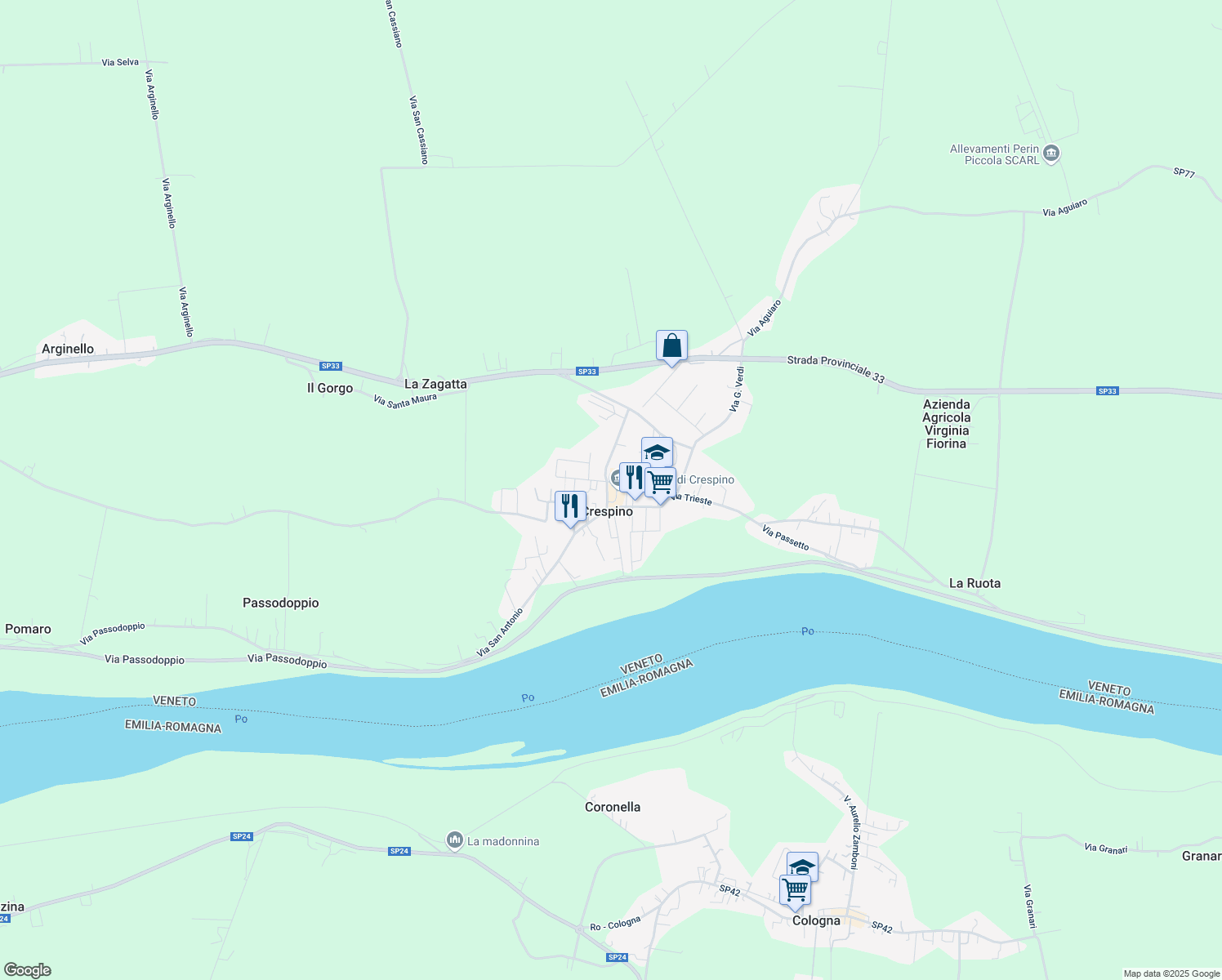 map of restaurants, bars, coffee shops, grocery stores, and more near 26 Piazza Fetonte in Crespino