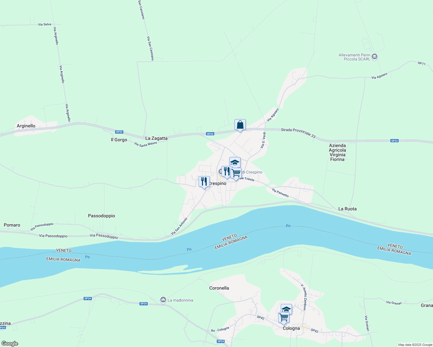 map of restaurants, bars, coffee shops, grocery stores, and more near 26 Piazza Fetonte in Crespino