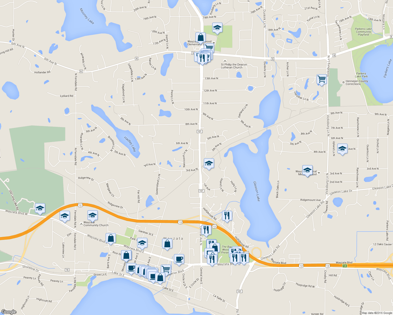map of restaurants, bars, coffee shops, grocery stores, and more near 410 Merrimac Lane North in Plymouth