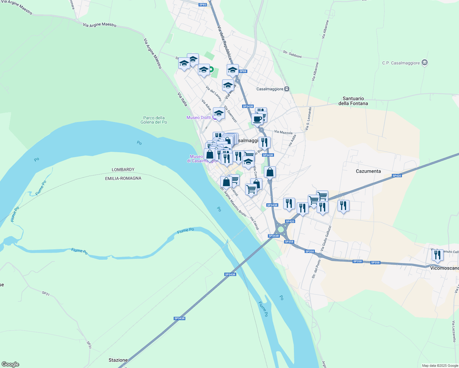 map of restaurants, bars, coffee shops, grocery stores, and more near 58 Via Benedetto Cairoli in Casalmaggiore