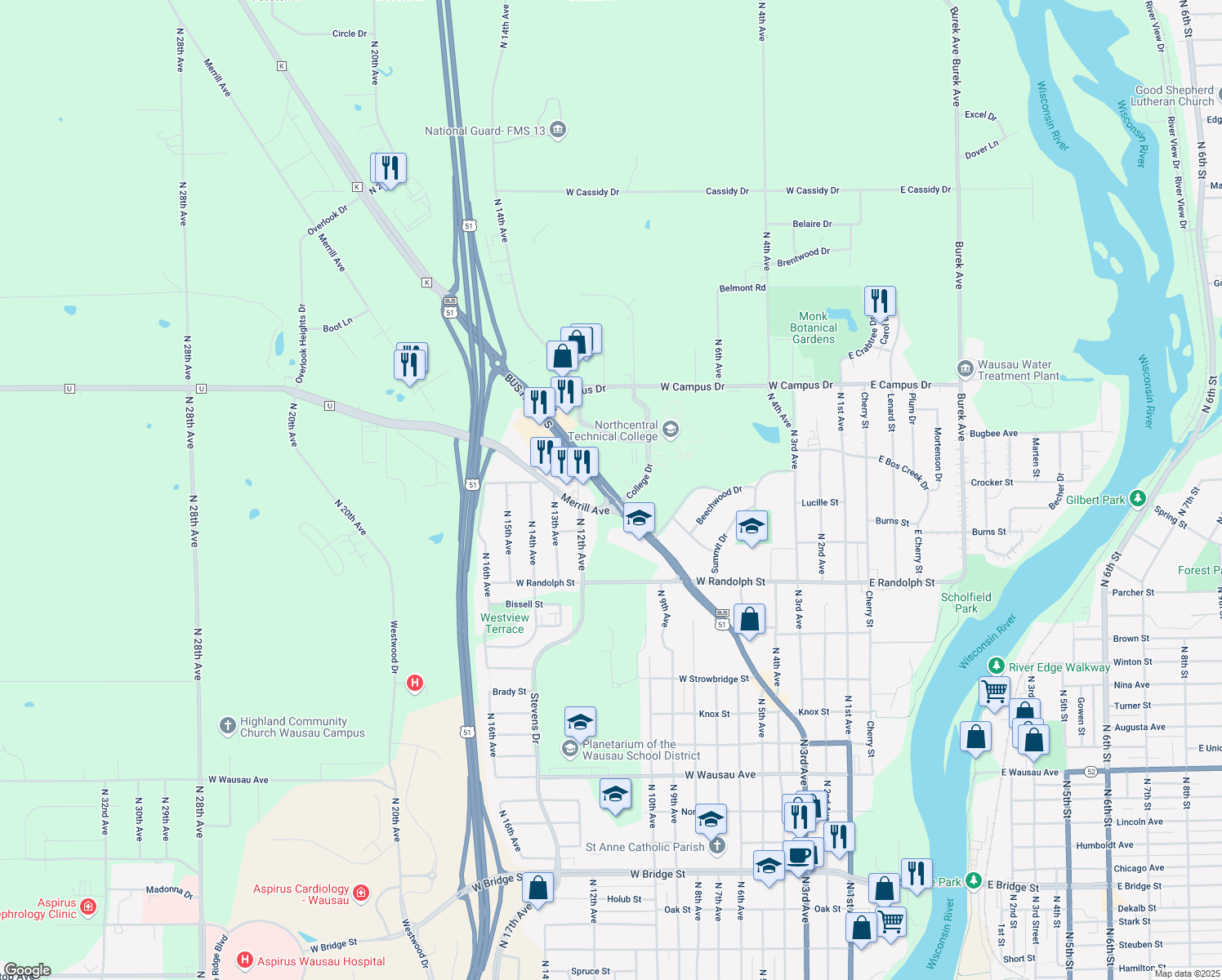 map of restaurants, bars, coffee shops, grocery stores, and more near 1501-1729 Badger Avenue in Wausau