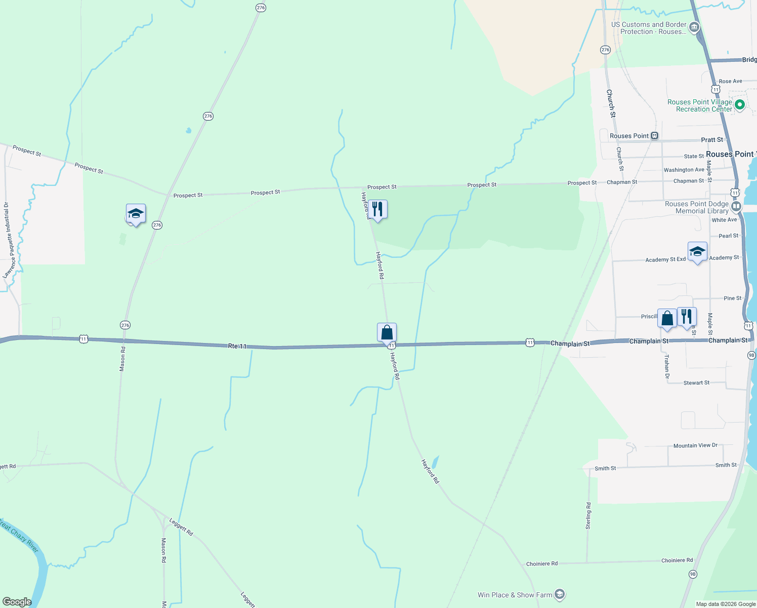 map of restaurants, bars, coffee shops, grocery stores, and more near 795 Hayford Road in Champlain