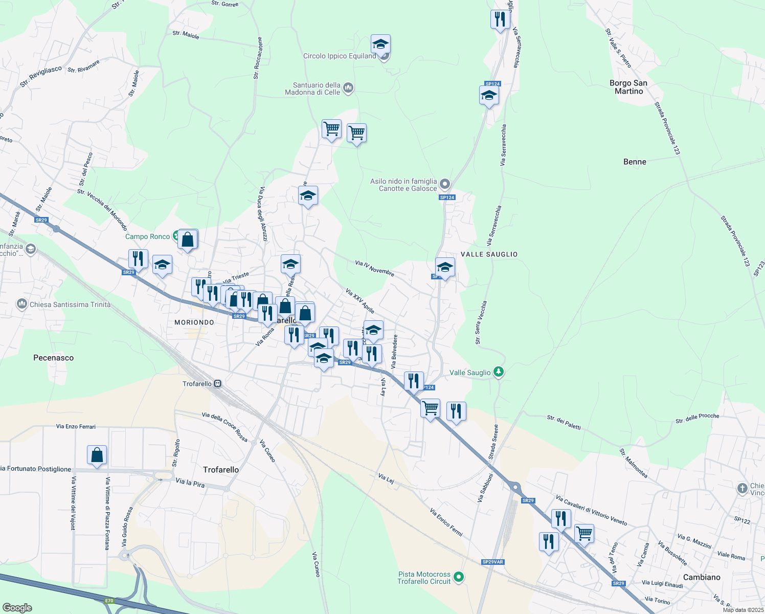 map of restaurants, bars, coffee shops, grocery stores, and more near 51 Via Belvedere in Trofarello