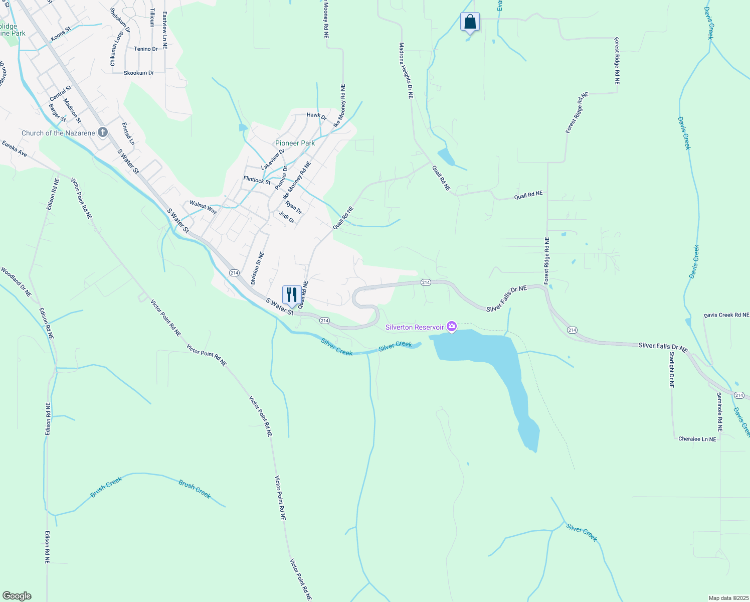 map of restaurants, bars, coffee shops, grocery stores, and more near 15125 Silver Lake Dr NE in Silverton