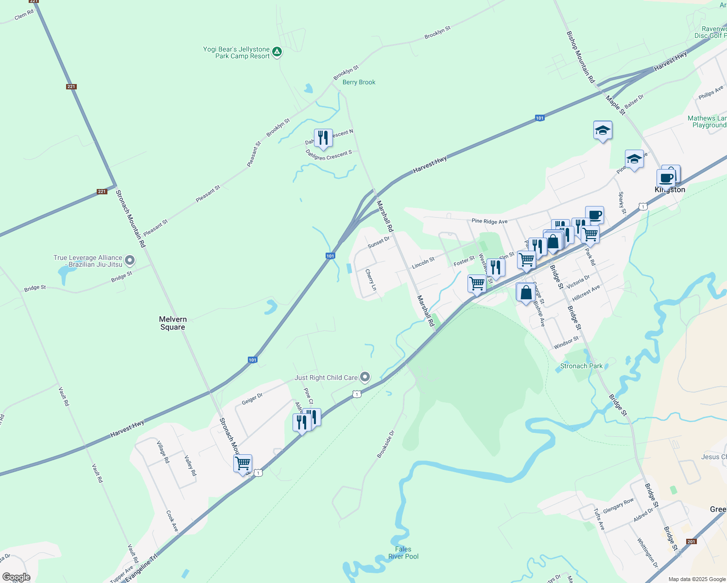 map of restaurants, bars, coffee shops, grocery stores, and more near 115 Sunset Drive in Kingston