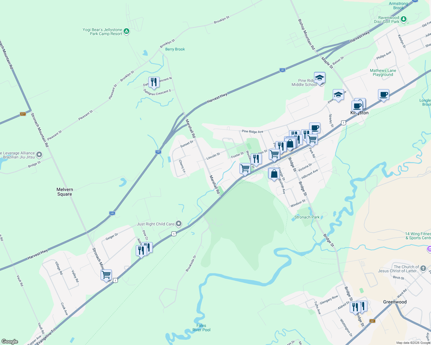 map of restaurants, bars, coffee shops, grocery stores, and more near 352 Moody Court in Kingston