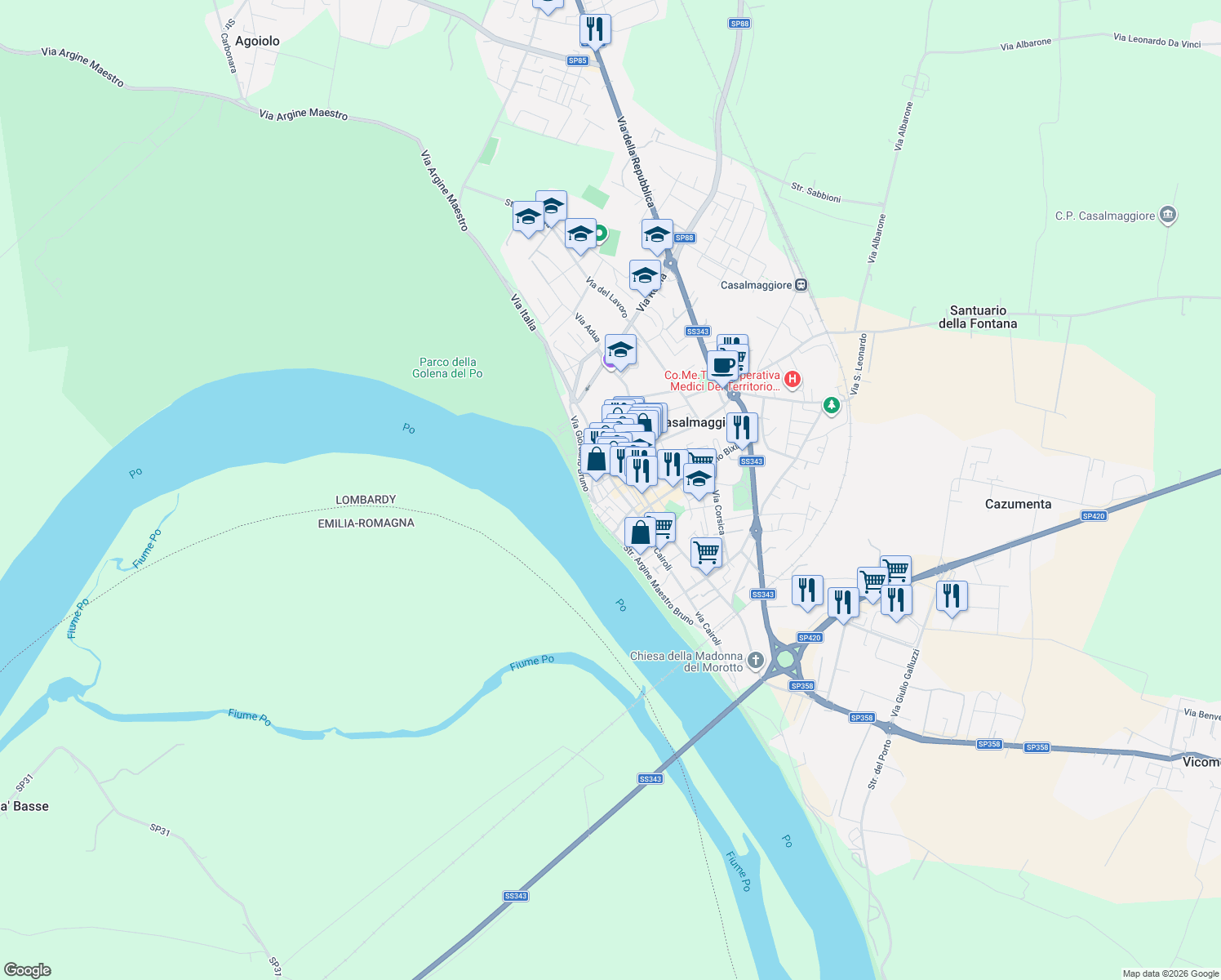 map of restaurants, bars, coffee shops, grocery stores, and more near 7 Via Aurelio Saffi in Casalmaggiore