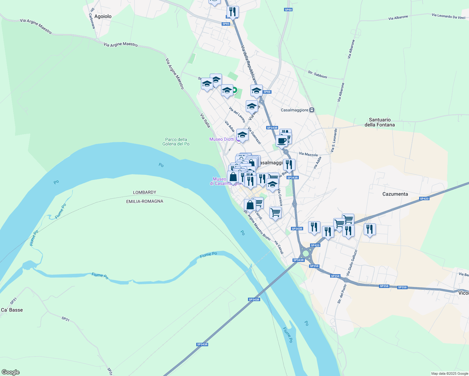map of restaurants, bars, coffee shops, grocery stores, and more near 7 Via Aurelio Saffi in Casalmaggiore