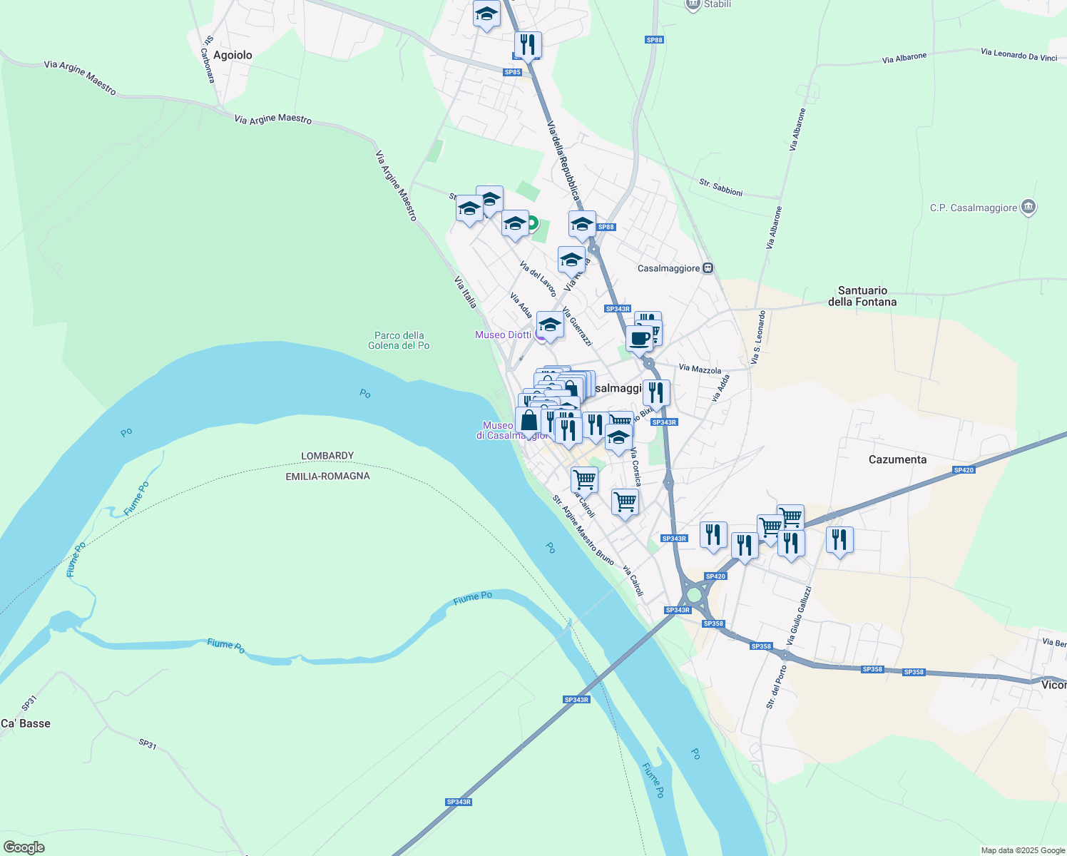map of restaurants, bars, coffee shops, grocery stores, and more near 6 Via Angelo Brofferio in Casalmaggiore