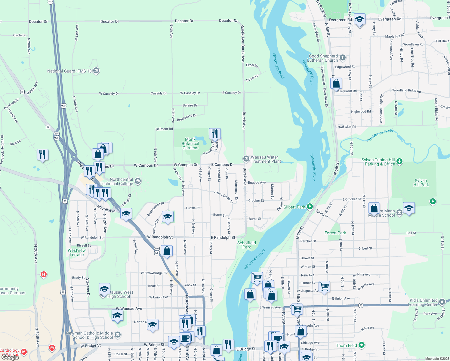 map of restaurants, bars, coffee shops, grocery stores, and more near 1726 Plum Dr in Wausau