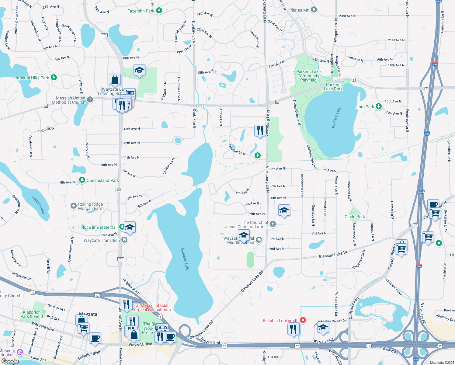 map of restaurants, bars, coffee shops, grocery stores, and more near 18535 8th Avenue North in Plymouth