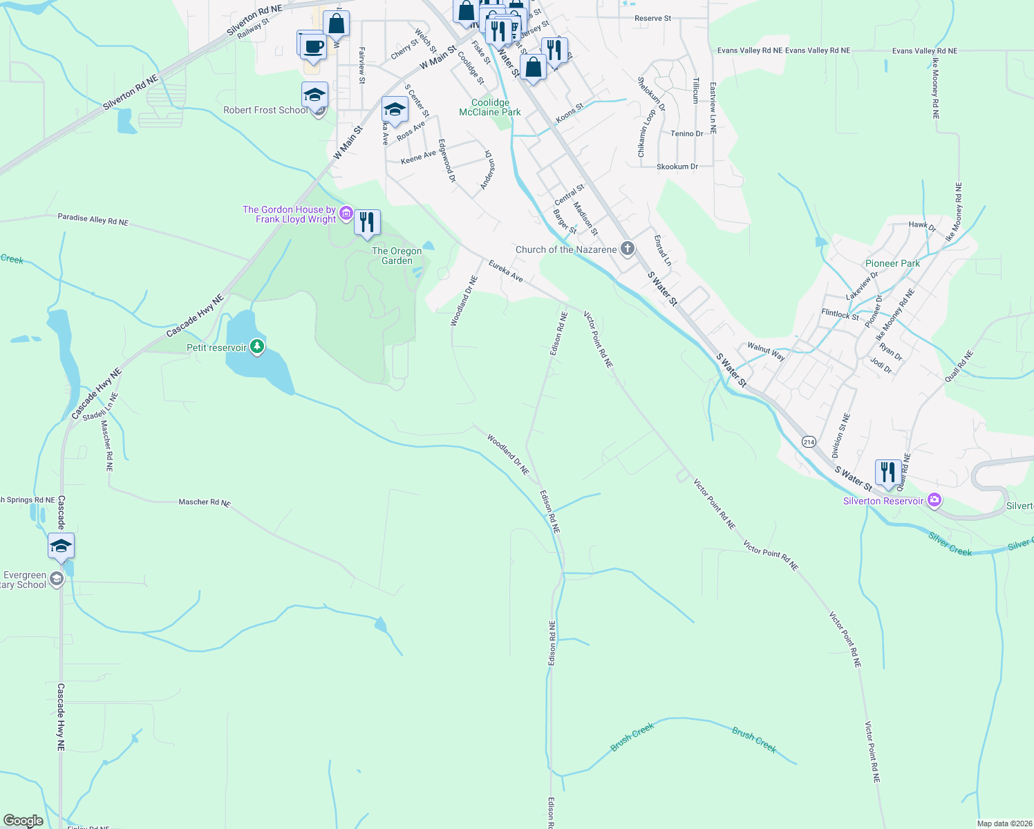 map of restaurants, bars, coffee shops, grocery stores, and more near 4265 Edison Road Northeast in Silverton