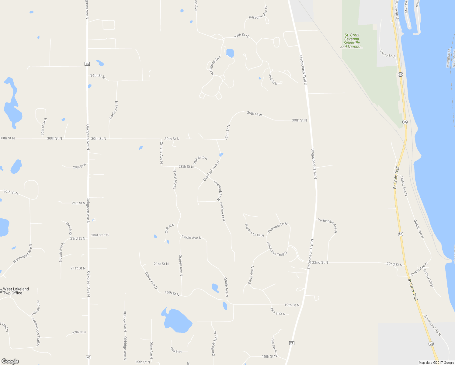 map of restaurants, bars, coffee shops, grocery stores, and more near 2755 Overlook Lane North in Stillwater