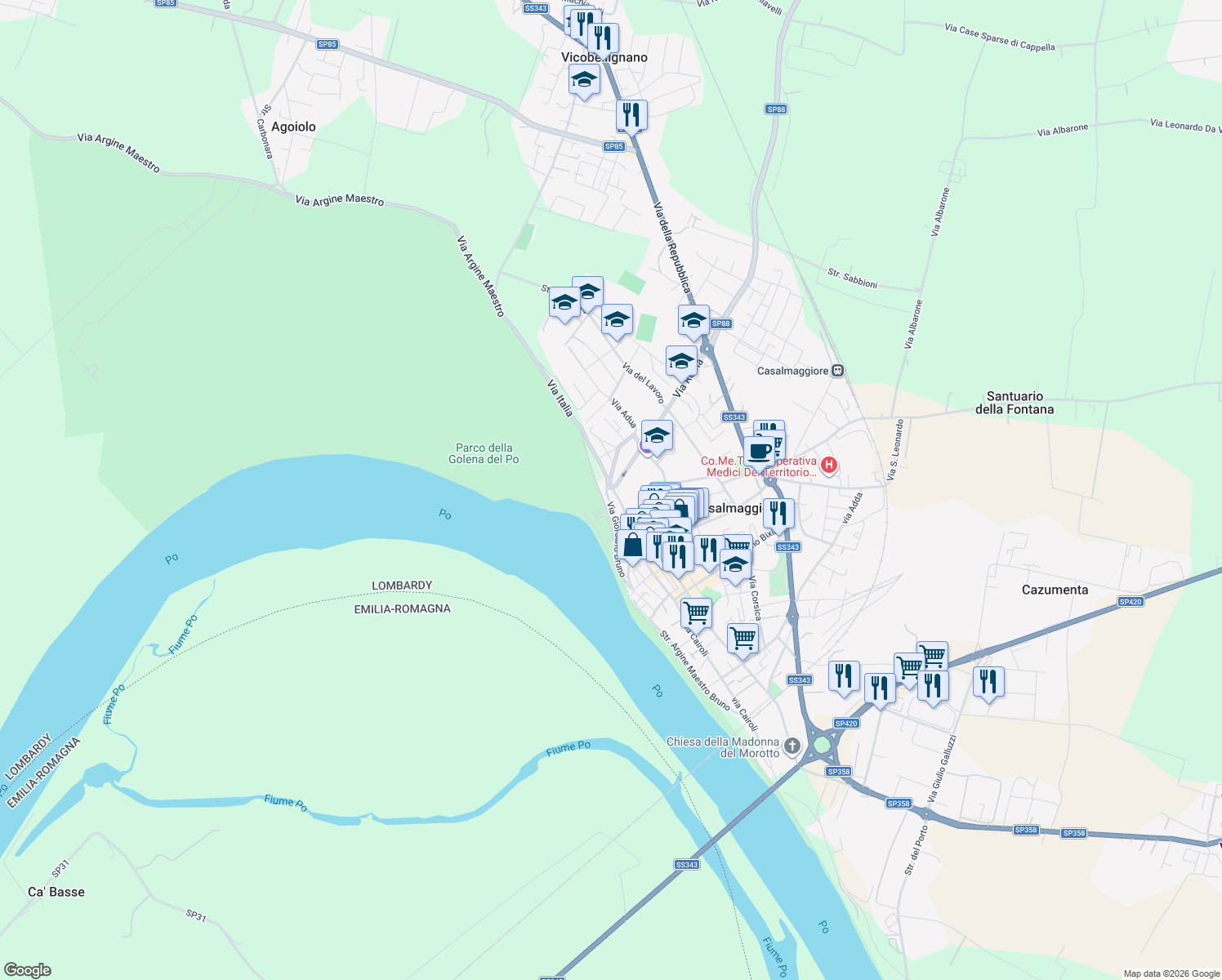 map of restaurants, bars, coffee shops, grocery stores, and more near 17 Via Giordano Bruno in Casalmaggiore