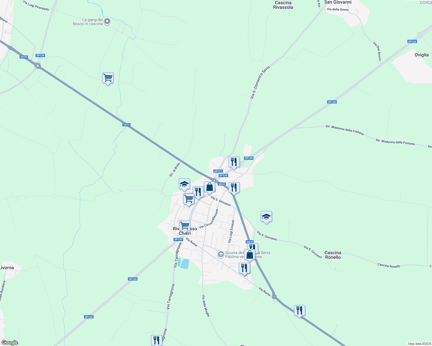 map of restaurants, bars, coffee shops, grocery stores, and more near 5 bis Via San Domenico Savio in Riva presso Chieri