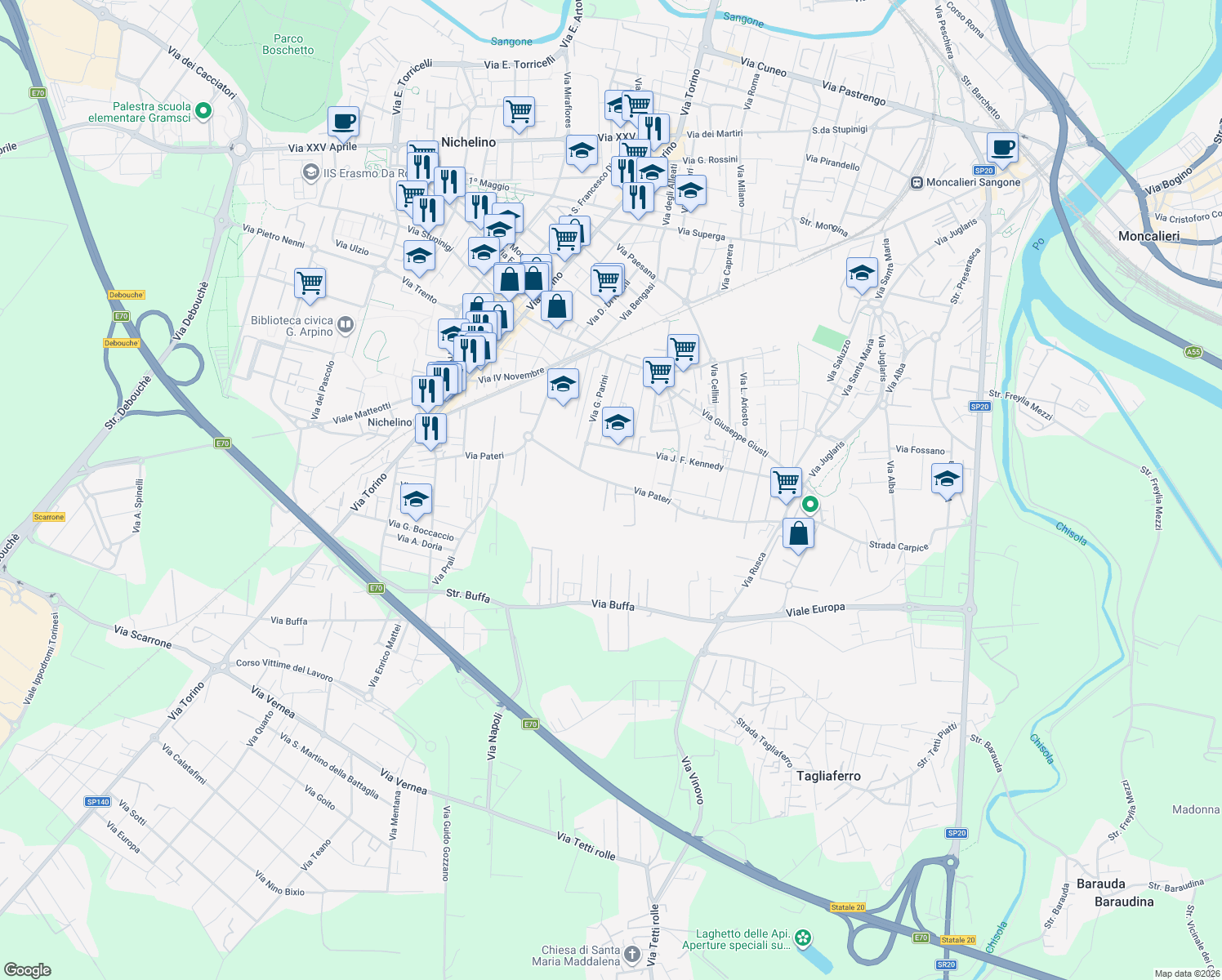 map of restaurants, bars, coffee shops, grocery stores, and more near 60 Via Pateri in Nichelino