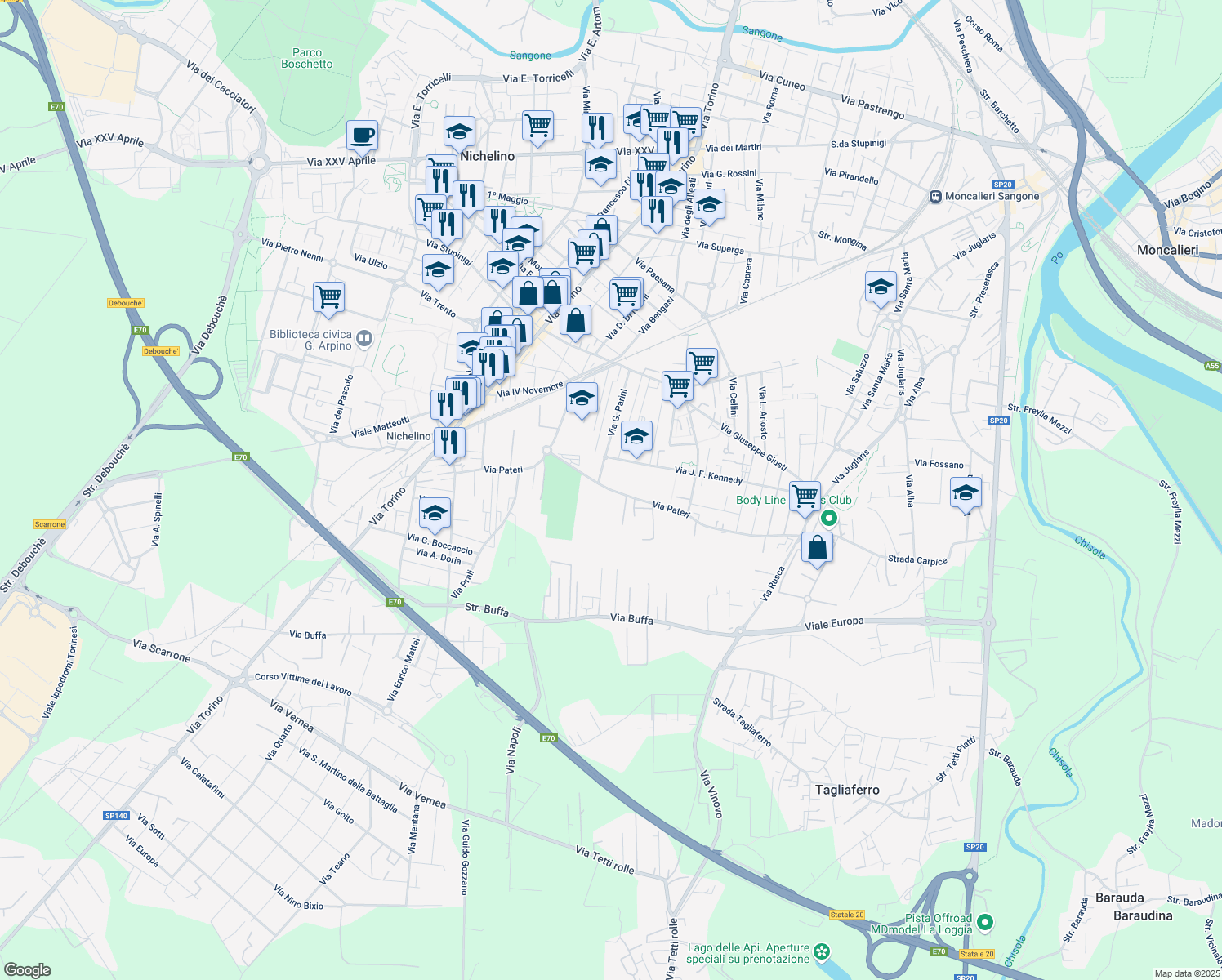 map of restaurants, bars, coffee shops, grocery stores, and more near 60 Via Pateri in Nichelino