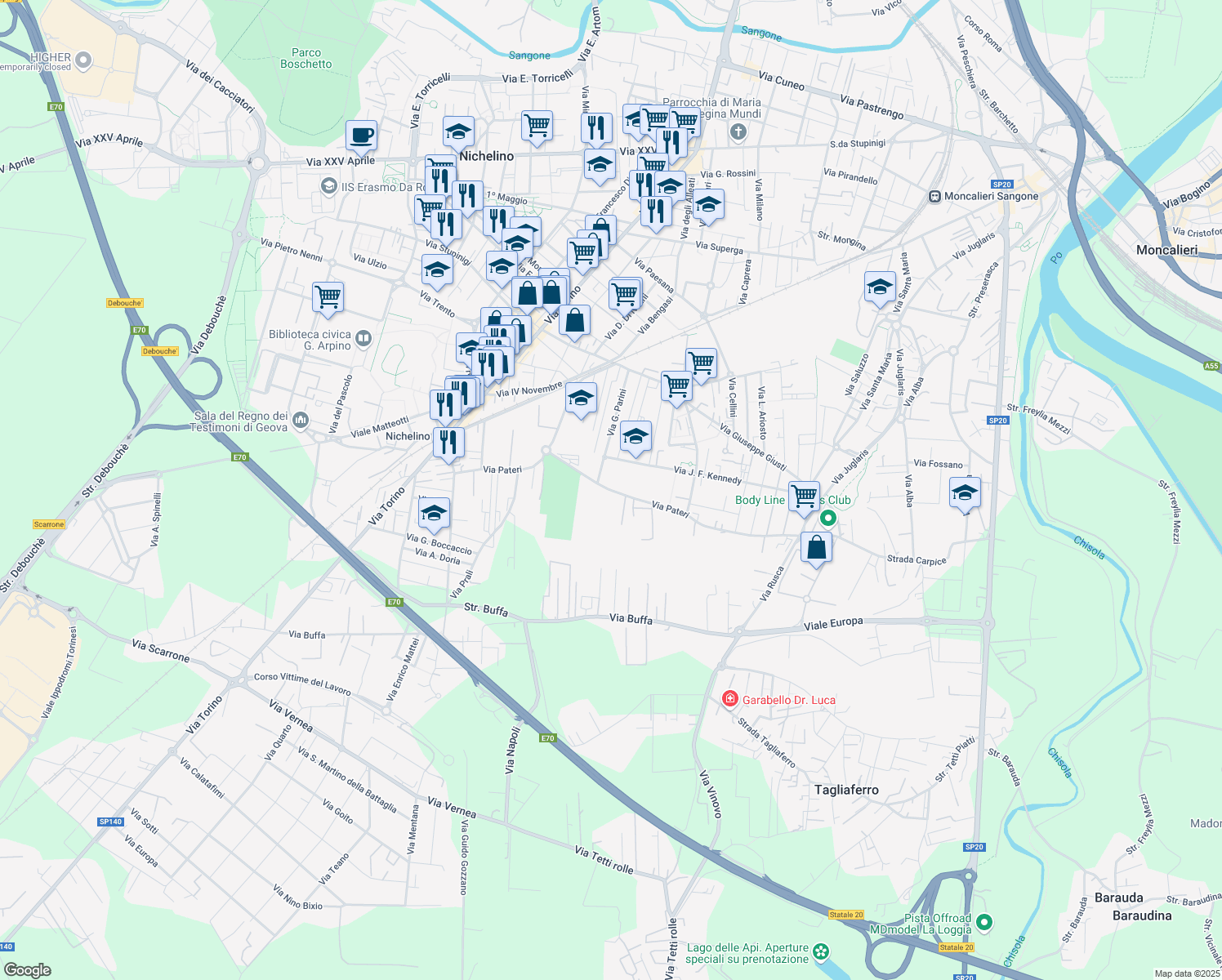 map of restaurants, bars, coffee shops, grocery stores, and more near 60 Via Pateri in Nichelino