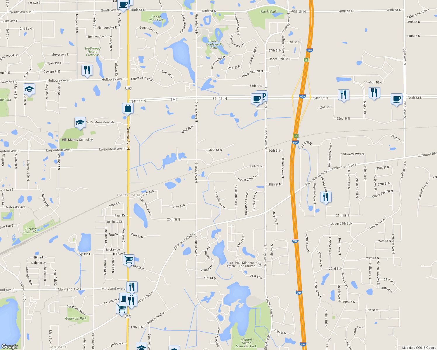 map of restaurants, bars, coffee shops, grocery stores, and more near 6657 29th Street North in Oakdale