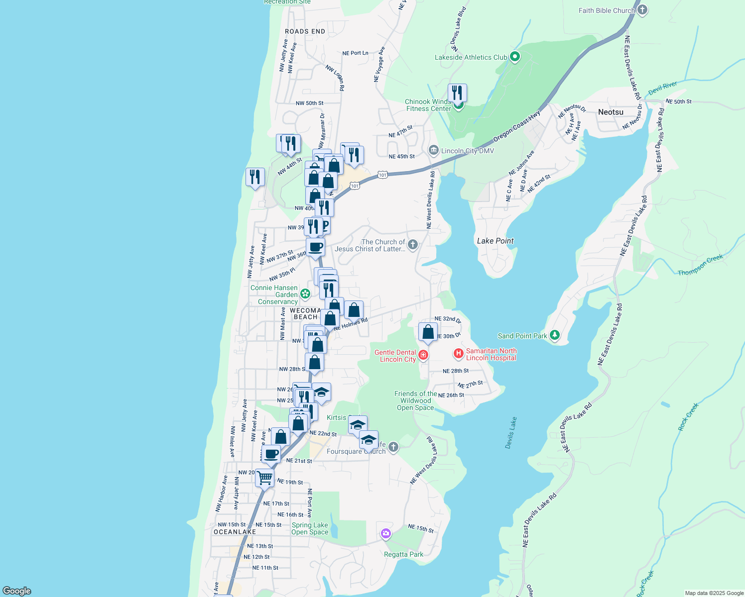 map of restaurants, bars, coffee shops, grocery stores, and more near 3335 Northeast Surf Avenue in Lincoln City