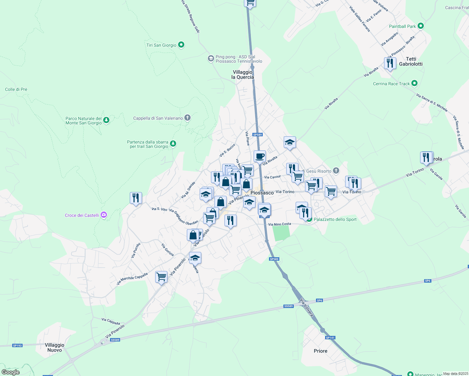 map of restaurants, bars, coffee shops, grocery stores, and more near 38 Via Roma in Piossasco