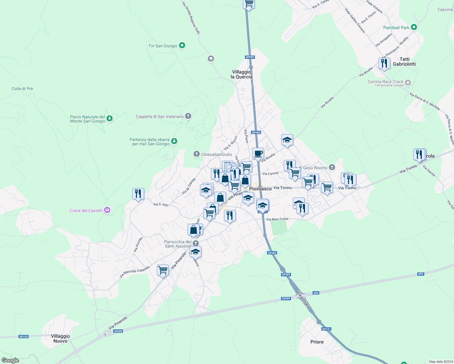 map of restaurants, bars, coffee shops, grocery stores, and more near 38 Via Roma in Piossasco
