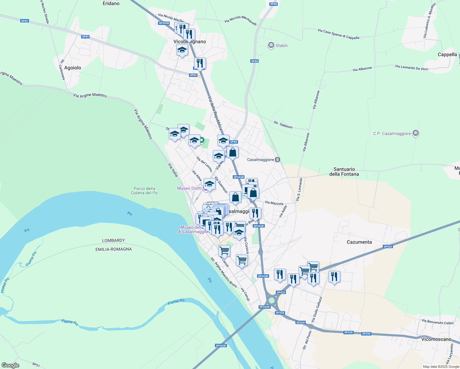 map of restaurants, bars, coffee shops, grocery stores, and more near 26 Via Don P. Marcheselli in Casalmaggiore