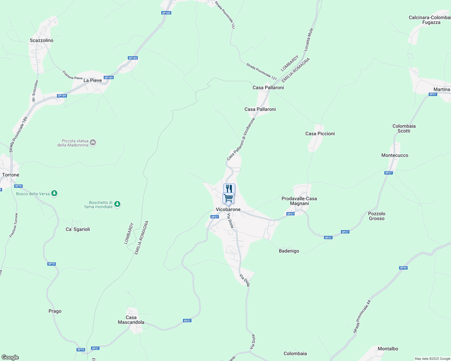 map of restaurants, bars, coffee shops, grocery stores, and more near 17A Località Vicobarone in Vicobarone