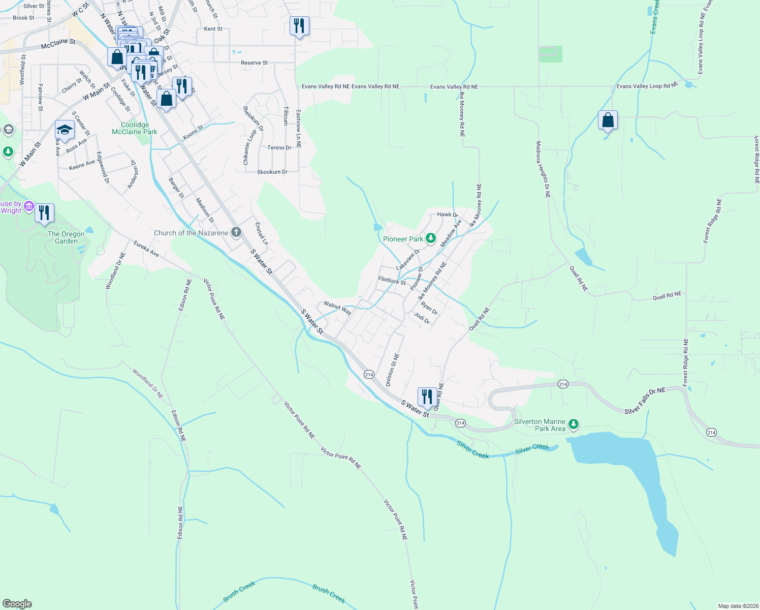 map of restaurants, bars, coffee shops, grocery stores, and more near 411 Ike Mooney Rd NE in Silverton