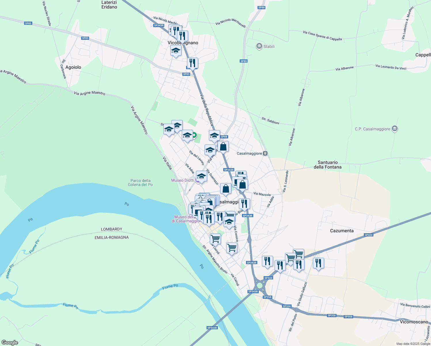 map of restaurants, bars, coffee shops, grocery stores, and more near 26 Via Don P. Marcheselli in Casalmaggiore
