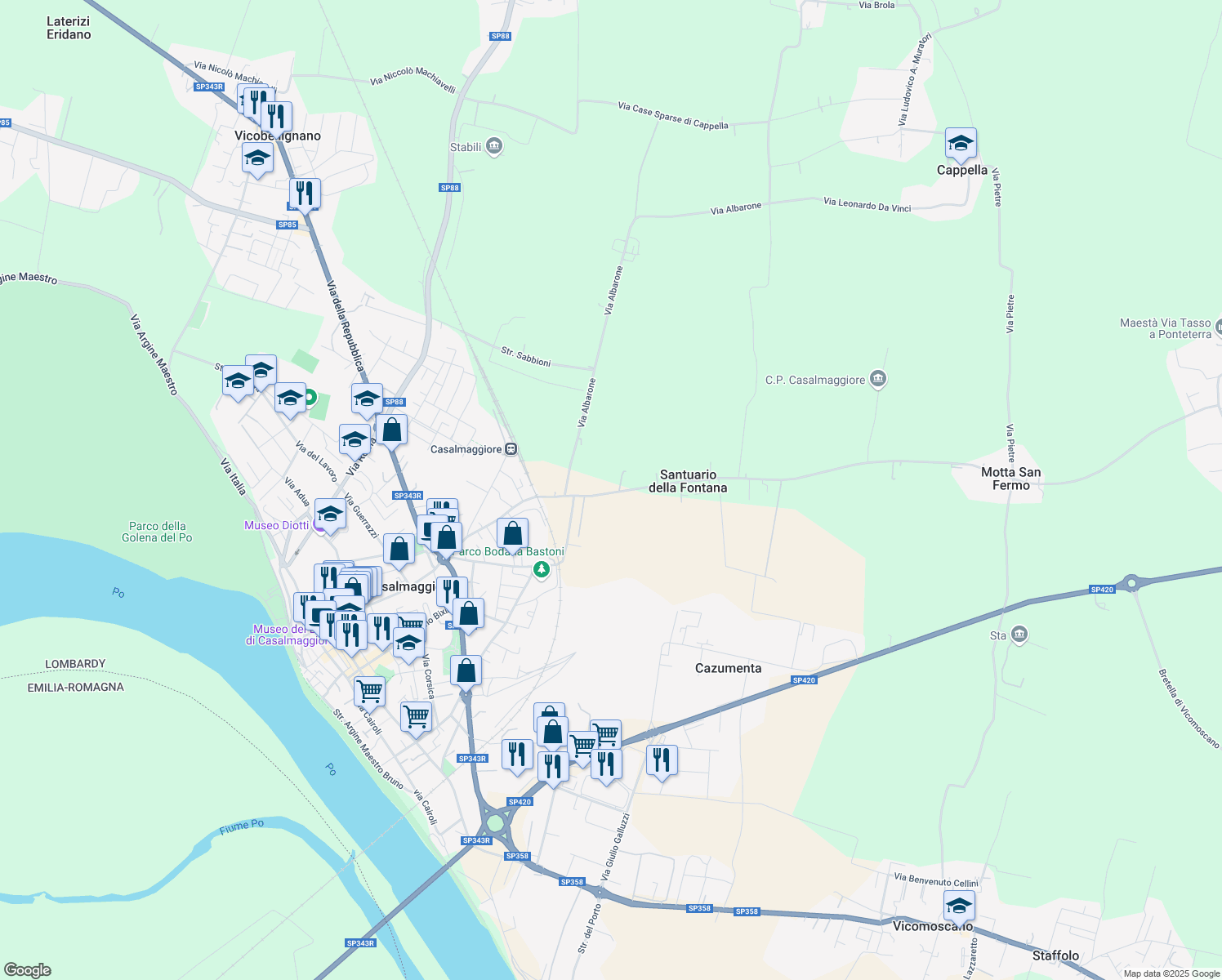 map of restaurants, bars, coffee shops, grocery stores, and more near 7 Viale del Santuario in Casalmaggiore
