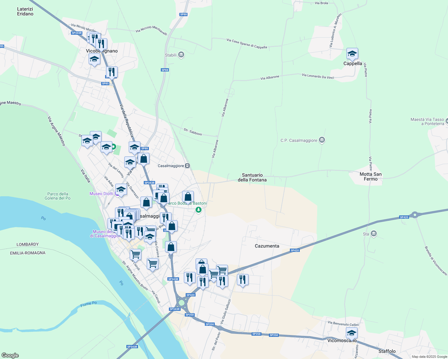 map of restaurants, bars, coffee shops, grocery stores, and more near 7 Viale del Santuario in Casalmaggiore