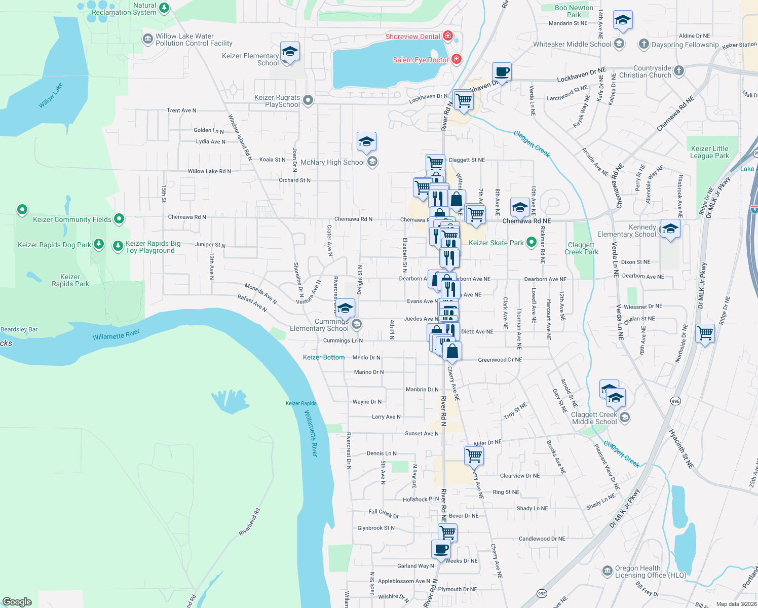 map of restaurants, bars, coffee shops, grocery stores, and more near 506 Evans Avenue North in Keizer