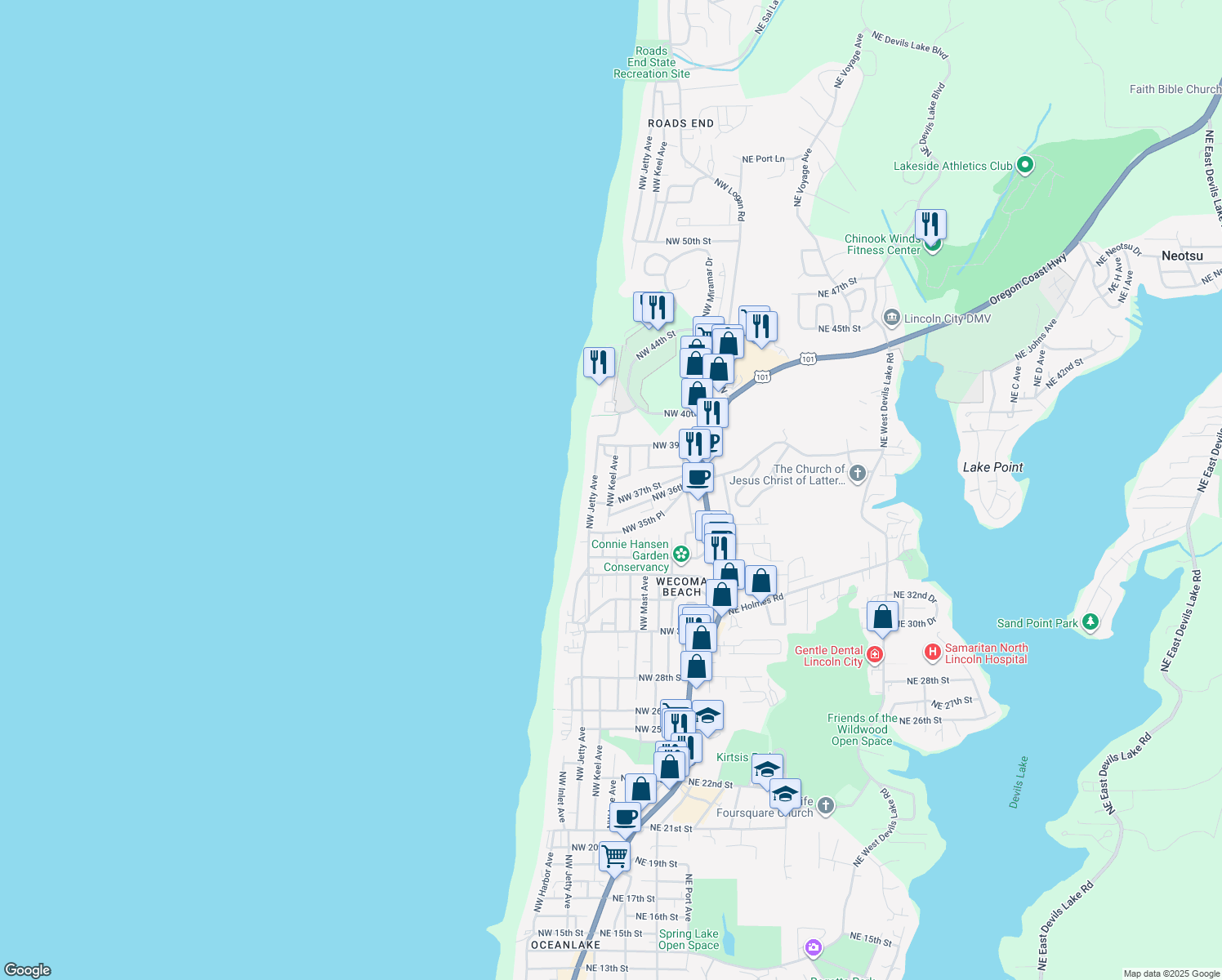 map of restaurants, bars, coffee shops, grocery stores, and more near 3746 Northwest Keel Avenue in Lincoln City