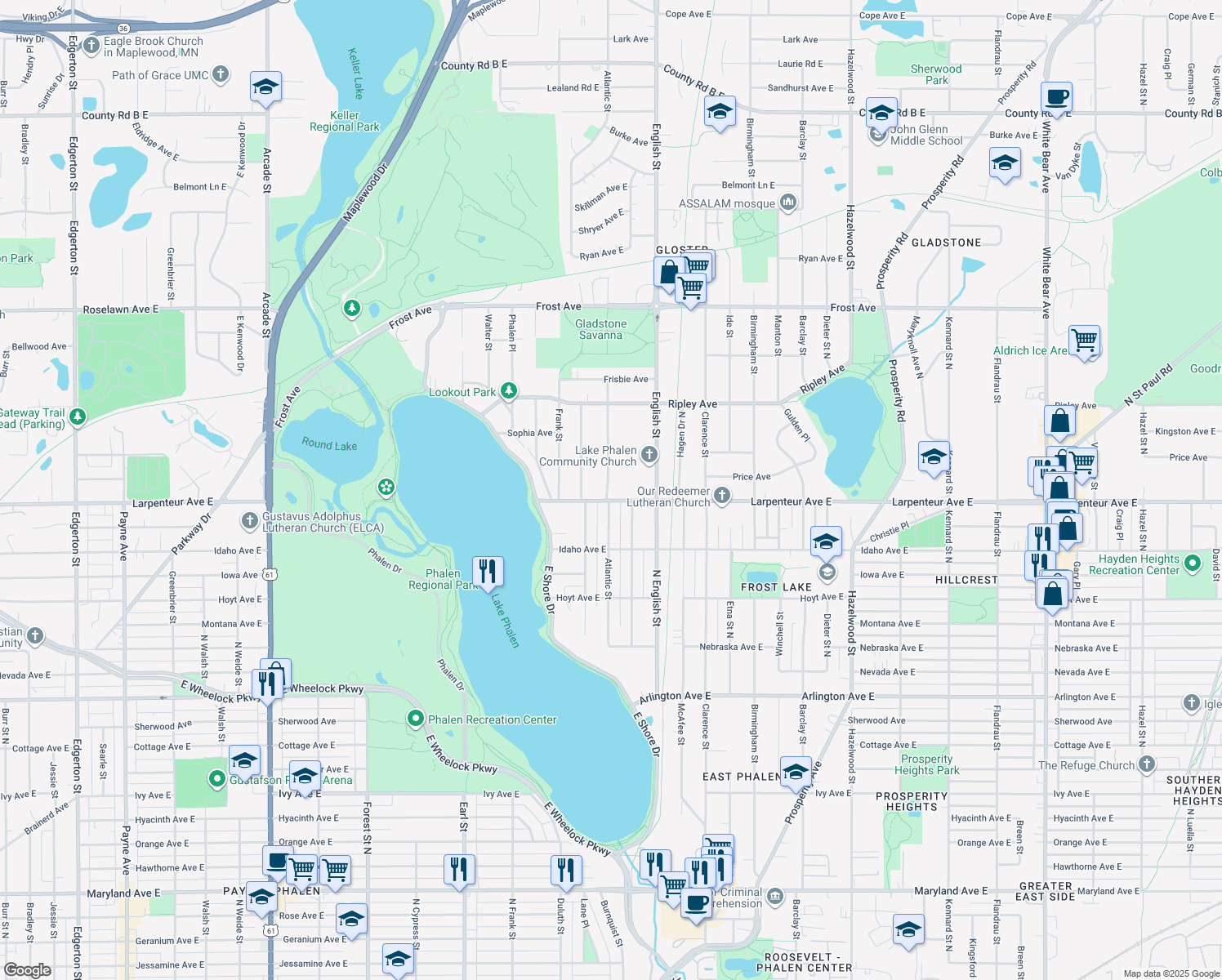 map of restaurants, bars, coffee shops, grocery stores, and more near 1251 Larpenteur Avenue East in Maplewood