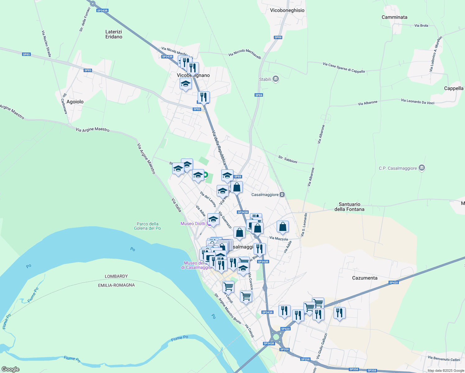 map of restaurants, bars, coffee shops, grocery stores, and more near Strada Statale 343 in Casalmaggiore