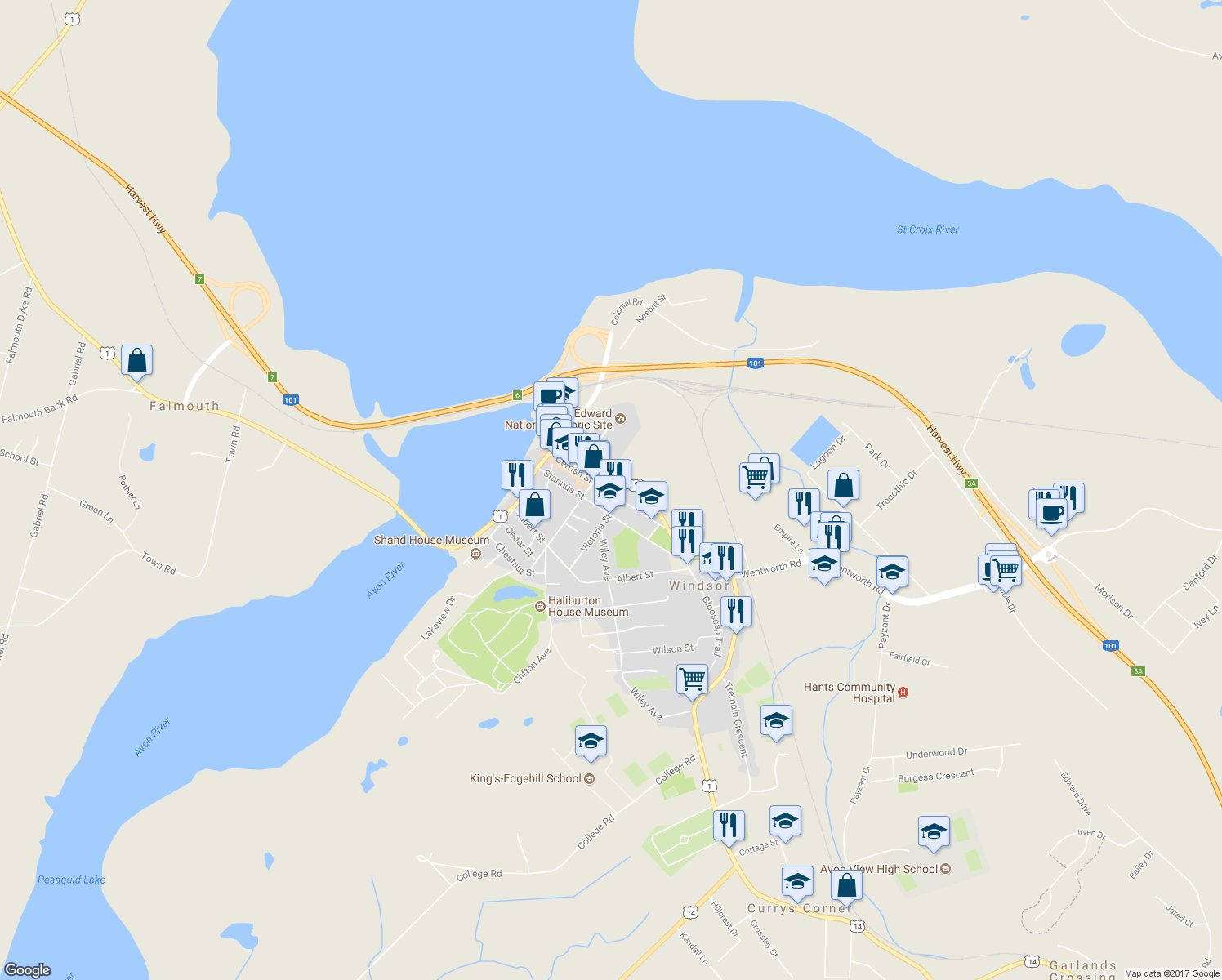 map of restaurants, bars, coffee shops, grocery stores, and more near 189 Gerrish Street in Windsor