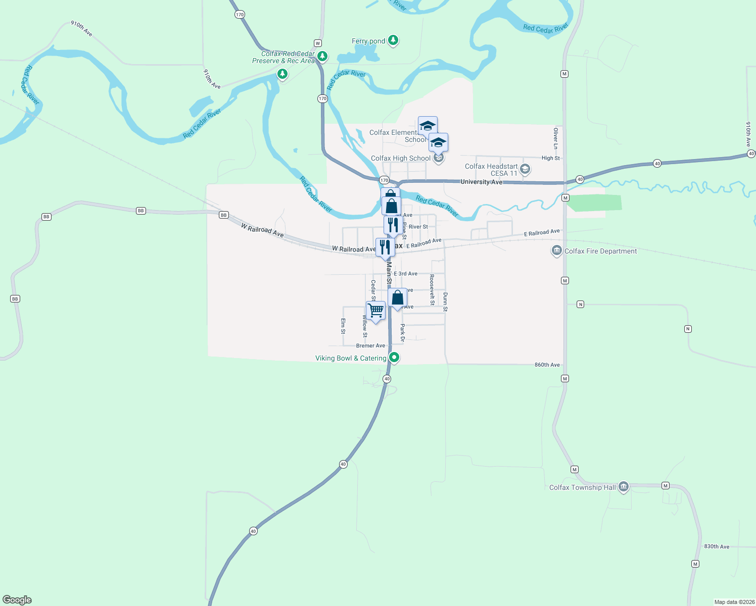 map of restaurants, bars, coffee shops, grocery stores, and more near 202 Cedar Street in Colfax
