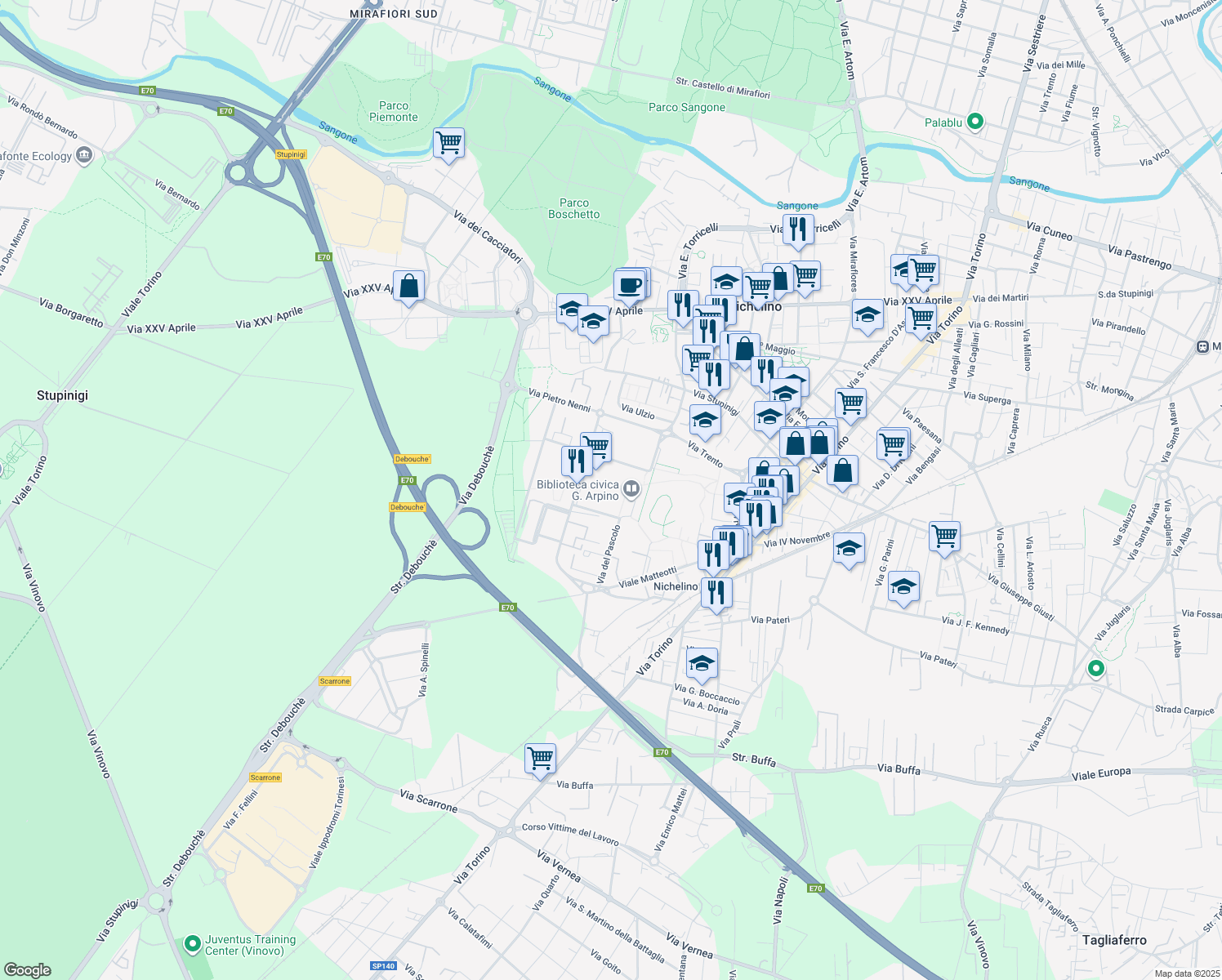 map of restaurants, bars, coffee shops, grocery stores, and more near 4 Piazza Aldo Moro in Nichelino